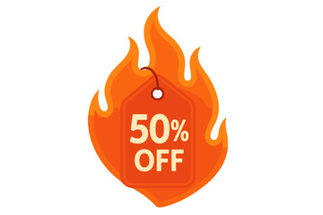 Hot sale promotion banner with 50 percent off discount. Fire flame price tag for clearance and retail advertising. Burning special offer label for marketing and shopping concept.
