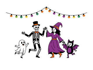 Halloween Celebration: A charming and vibrant illustration of a festive Halloween scene, featuring a dancing skeleton, a playful ghost, a bewitching witch, and a cute bat character.