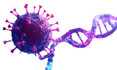 PNG Microscopic Virus and Glowing DNA Strand, Scientific Breakthrough Illustration, Transparent