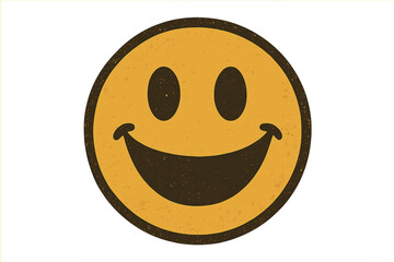 Vintage retro smiley face with open mouth, positive happy emoji icon, classic nostalgic smiling emoticon vector illustration with textured distressed style and transparent background