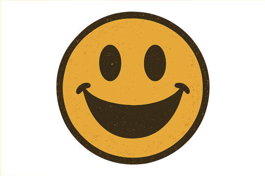 Vintage retro smiley face with open mouth, positive happy emoji icon, classic nostalgic smiling emoticon vector illustration with textured distressed style and transparent background