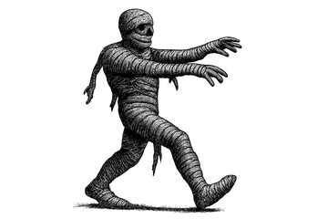 Walking mummy illustration, vintage Halloween halftone dotted textured vector, spooky cartoon character in 90s grunge style, horror undead wrapped bandages, classic horror clipart