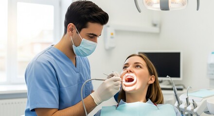 A male dentist wearing a mask and gloves performs a dental treatment procedure on a female patient with an open mouth. Use of a dental drill and mirror in the dentist's work.