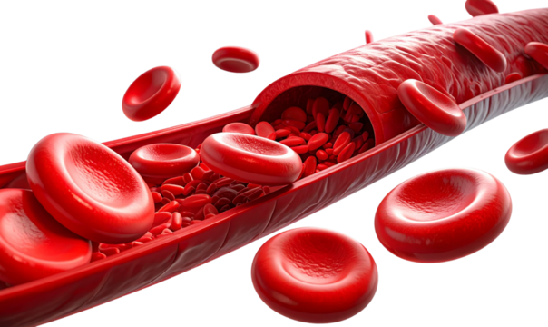 PNG Scientific Visualization of Red Blood Cells in Blood Vessel, Bright and Dynamic, Transparent