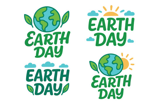 Earth Day lettering set. Collection of eco friendly vector badges for April 22. Ecology and environment conservation concept. Green planet logo with leaf, sun and clouds.