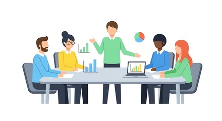 Business Team Meeting with Charts and Laptop Illustration.