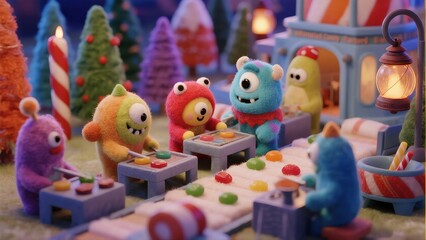 Fototapeta premium A diorama of a candy factory filled with colorful, fluffy monsters diligently working on a production line in a fun-filled atmosphere.