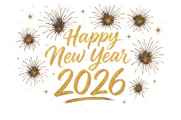 Happy New Year 2026 vector background. Luxury golden glitter calligraphy text effect. Festive holiday illustration with fireworks for a new year's eve party celebration.
