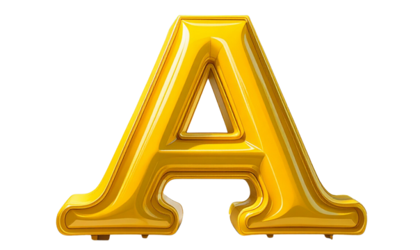 Transparent Background 3D Glossy yellow Capital Letter A with Subtle Highlights and Depth