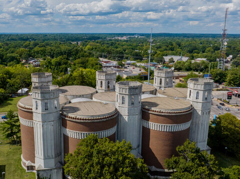 Aerial view of the striking cylindrical towers of the Compton Hill Water Tower rise above the verdant cityscape, St. Louis, Missouri, United States.