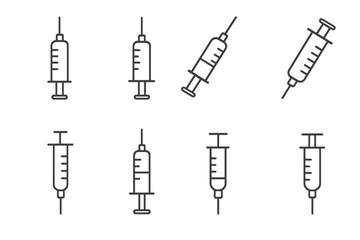 Syringe injection vaccine icon set. Medical and healthcare linear icons. Minimalist outline pictogram collection for web design, app, ui, ux. Vector illustration isolated.