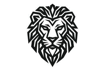 Stylized geometric lion head logo. Vector illustration of a powerful king mascot. Abstract tribal animal symbol for strength, courage and leadership. Modern tattoo design icon.