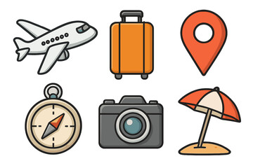 Travel icon set for vacation and tourism. Flat cartoon vector collection with airplane, luggage, location pin, compass, camera, beach umbrella. For holiday and adventure.