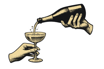Vintage New Year party poster concept. Hands pouring champagne from a bottle into a coupe glass. Retro halftone vector illustration for celebration, toast, festive event.