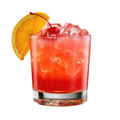 Refreshing fruity cocktail with ice, garnished with orange and cherry slice for a delightful drink experience