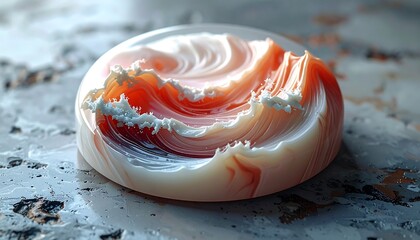 A close-up view of an abstract artistic structure, resembling a wave. It's composed of swirling, colorful layers, creating a captivating optical illusion