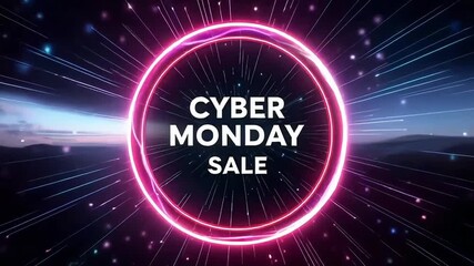 Cyber Monday sale tag glowing in neon pink with radiant light bursts, star particles, and twilight mountain backdrop in festive promo motion
 - Powered by Adobe