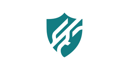 Teal shield with white curved lines on white background