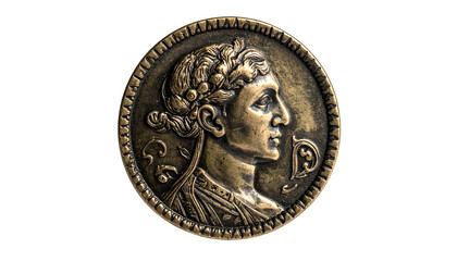 Detailed profile portrait on antique coin, surrounded by intricate pattern