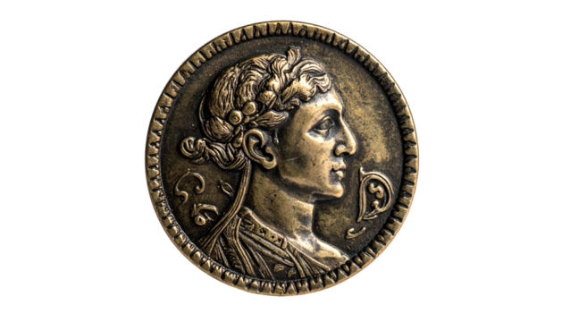 Detailed profile portrait on antique coin, surrounded by intricate pattern