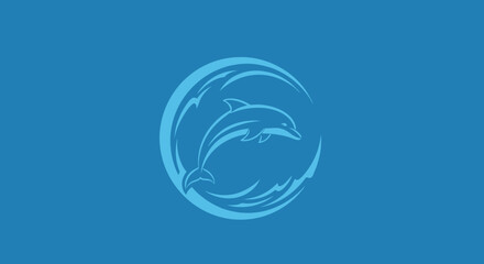 Stylized dolphin leaps in circle of waves, light blue on blue