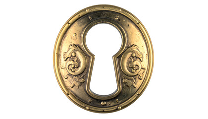 Close-up of an antique brass keyhole escutcheon with ornate design