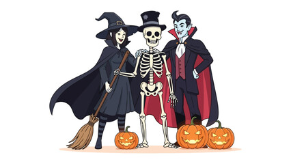 Halloween Trio: A whimsical group of Halloween characters, including a witch, a skeleton, and a vampire, stand together, with pumpkins, against a clean backdrop.