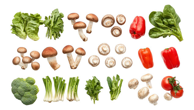 A arrangement of fresh vegetables including lettuce. mushrooms. bell peppers. spinach. broccoli. and tomatoes displayed on a clean white background. perfect for healthy eating concepts