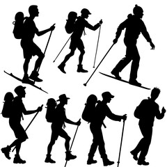 Naklejka premium Silhouettes Hiking Vector , Hiker Silhouette Vector, Mountaineer Vector, Mountain Climber Vector