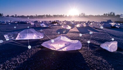 Cloud computing network with glowing connections at sunrise, symbolizing global data exchange and digital infrastructure.