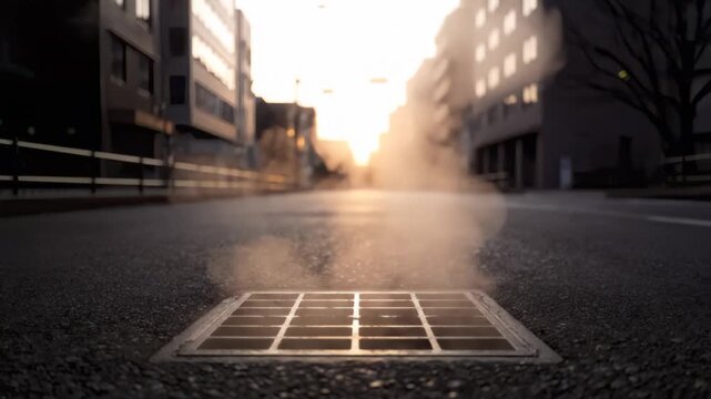 Warm Light Illuminates Steam Rising from a City Street Drain.