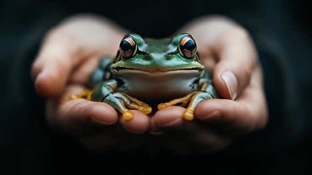 A small, vibrant green frog rests gently in a pair of hands.  Close-up, soft focus on the amphibian.  Dark background emphasizes the subject