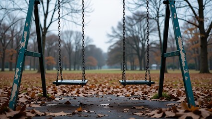 Zombie playground abandoned swings surrounded by scattered autumn leaves. Concept of eerie tranquility, ideal for Halloween themes and capturing nostalgic, haunting moments.