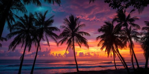 Obraz premium Vibrant Sunset Over Silhouetted Palm Trees and Ocean Waves with Colorful Sky