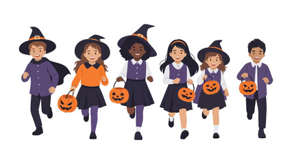 Halloween Kids Trick or Treat: A group of children, adorned in festive costumes, energetically engage in the cherished Halloween tradition of trick-or-treating.