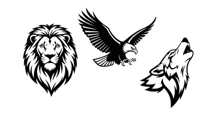 Fototapeta premium A monochrome illustration featuring a lion, an eagle, and a wolf against a white background space