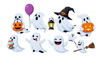 Spooky Ghost Collection: A delightful collection of cartoon ghosts in various poses and props, embodying the playful spirit of Halloween and adding a touch of festive cheer.