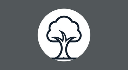 Stylized tree outline within a white circle, dark gray background