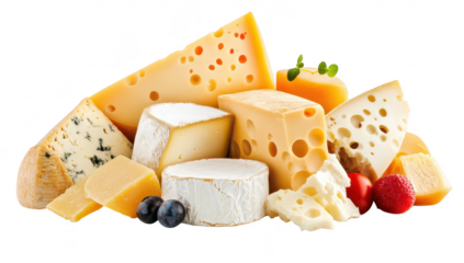 A assortment of various cheeses. including blue cheese. brie. and aged cheddar. artfully arranged with fresh berries and herbs on a clean white background. ideal for culinary presentations and food ph