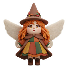 Adorable fairy witch figure with wings and patchwork dress in clay art style, shown on a white background, concept of magical autumn charm
