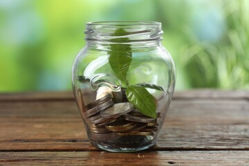 Glass jar with coins and sprout on wooden table, closeup