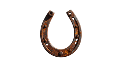 Rusty horseshoe isolated on black backdrop; close-up detail