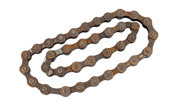 Old rusty metal chain on black background, curved lines visible