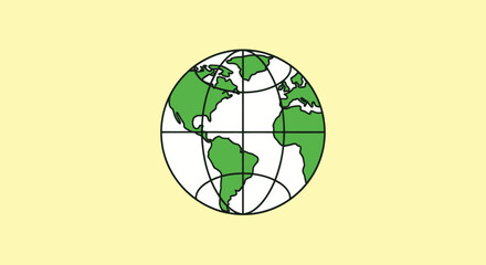 Green continents on a gridded globe over pale yellow backdrop