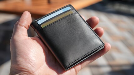 Multipurpose wireless charging wallet clearly visible with outoffocus tech accessories behind showcasing integrated storage and device power features.