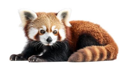 Cute red panda lies on transparent background showcasing its fluffy fur and bushy tail. animal relaxed pose and expressive eyes add charm to image