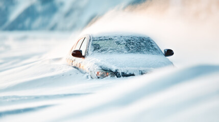 Car partially buried in deep snow, surrounded by a winter landscape, showcasing the challenges of driving in harsh weather conditions