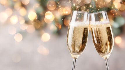 Two elegant champagne flutes clinking together, sparkling bubbles rising, with a festive bokeh background celebrating New Years Eve joy