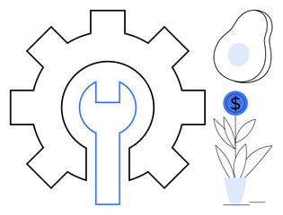 Interconnected gear and wrench symbolizing tools or solutions, potted plant with dollar sign for growth and investment, and avocado representing natural or sustainability concepts. Ideal