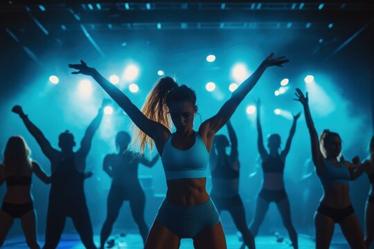 Group of dancers performing in a vibrant blue-lit studio during an energetic workout session